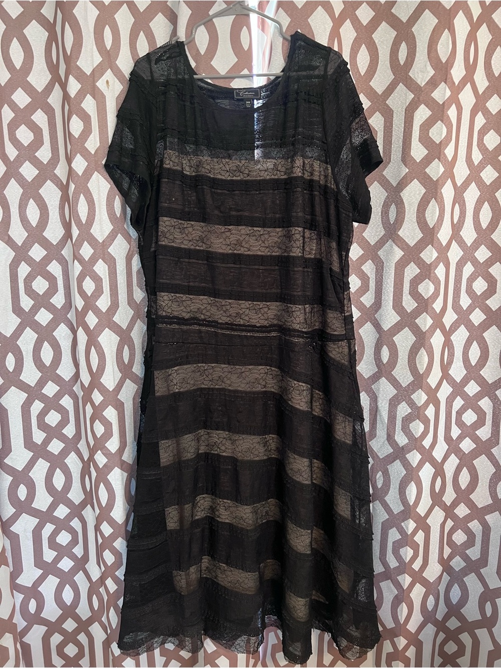 dressbarn Black Lace and Taupe-Striped Midi Dress